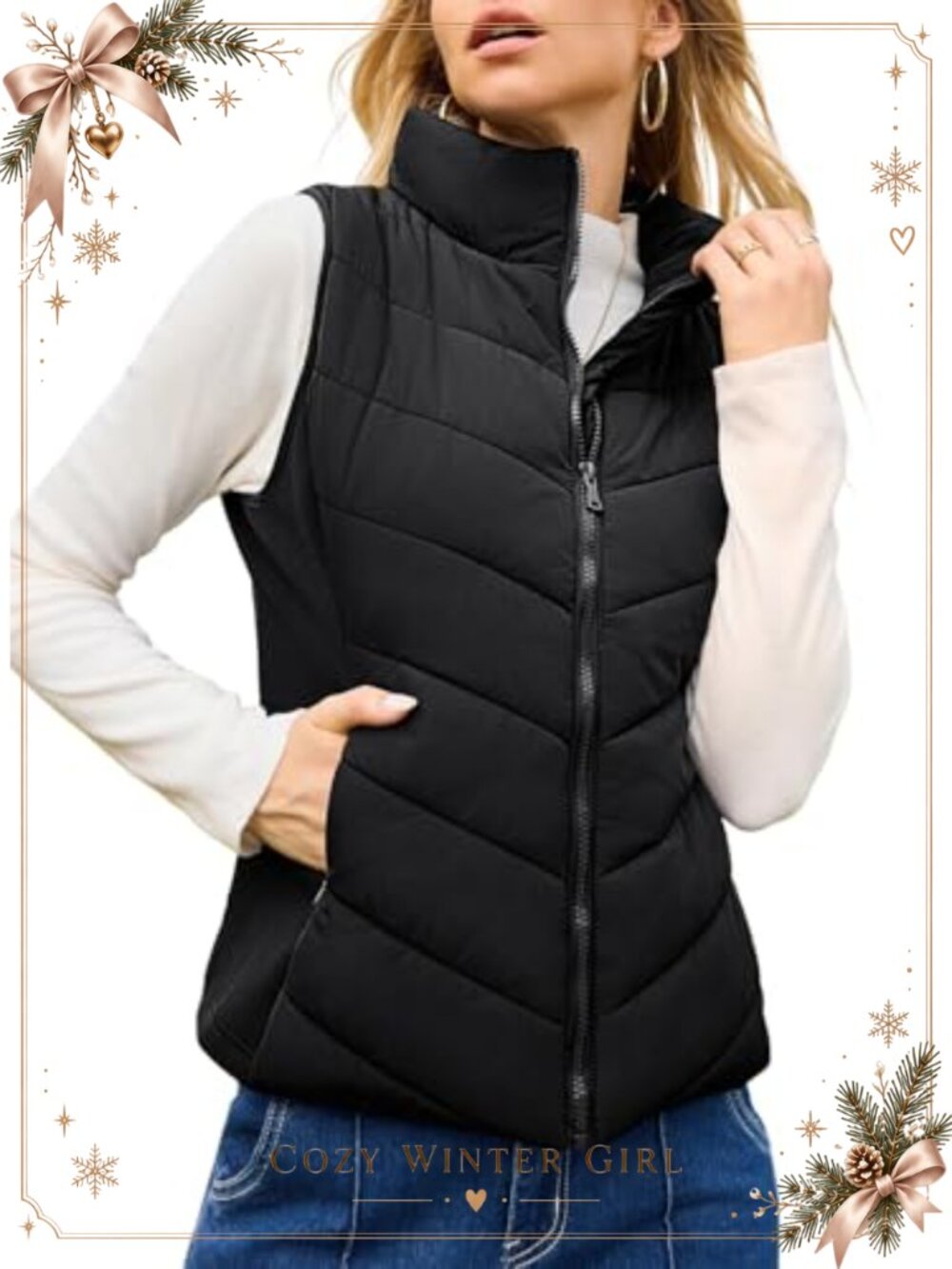 Dokotoo Sleeveless Quilted Puffer Vest Full Zip Stand Collar Winter Warm